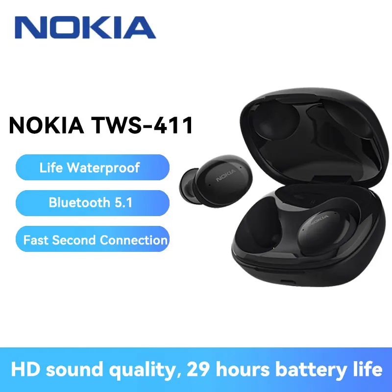 

Nokia TWS-411 Wireless Earphone With Mic Noise Cancelling Bluetooth 5.1 Headphones IPX5 Waterproof Headsets HIFI Stereo Earbuds