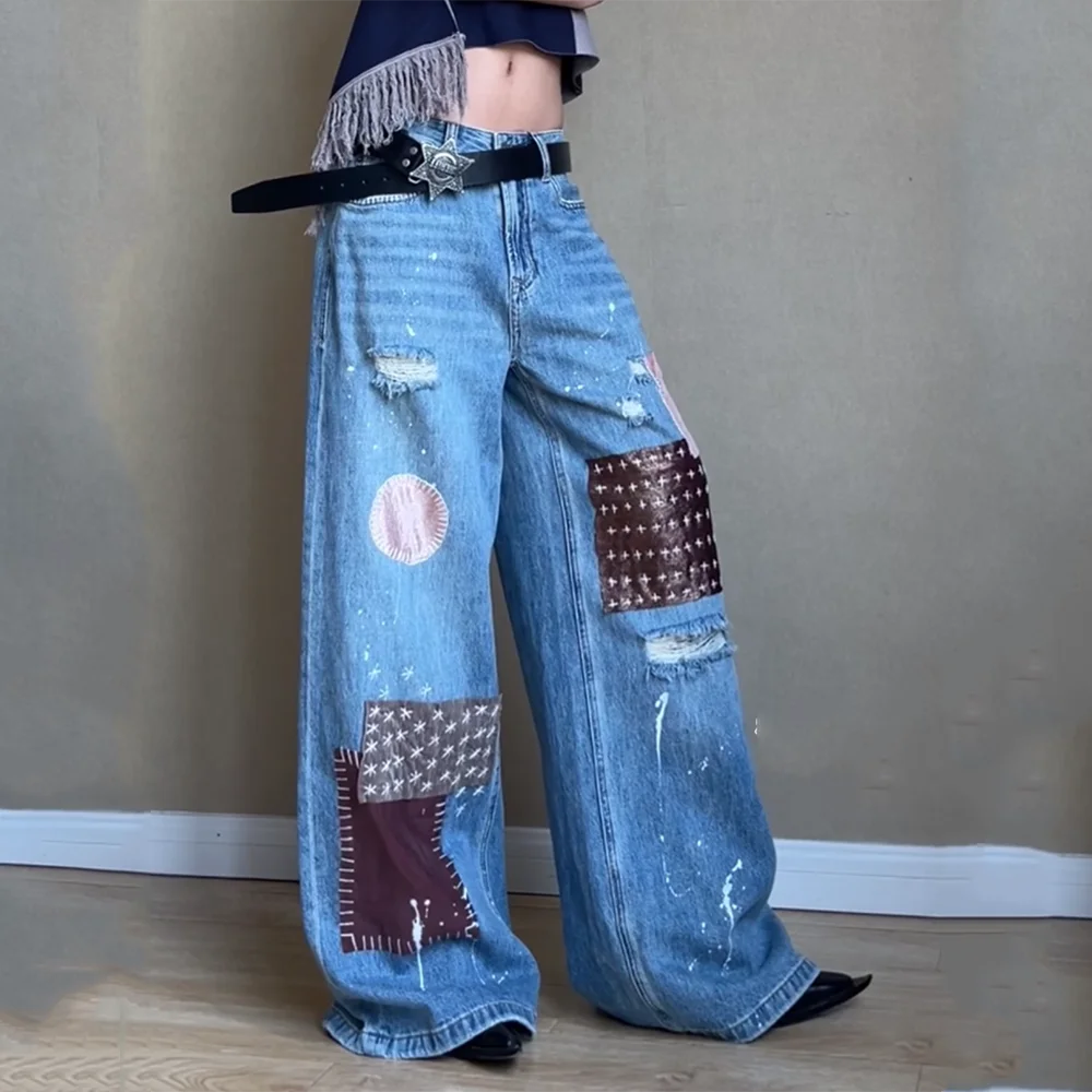 Уличная одежда Американские синие женские джинсы с высокой талией Винтажные