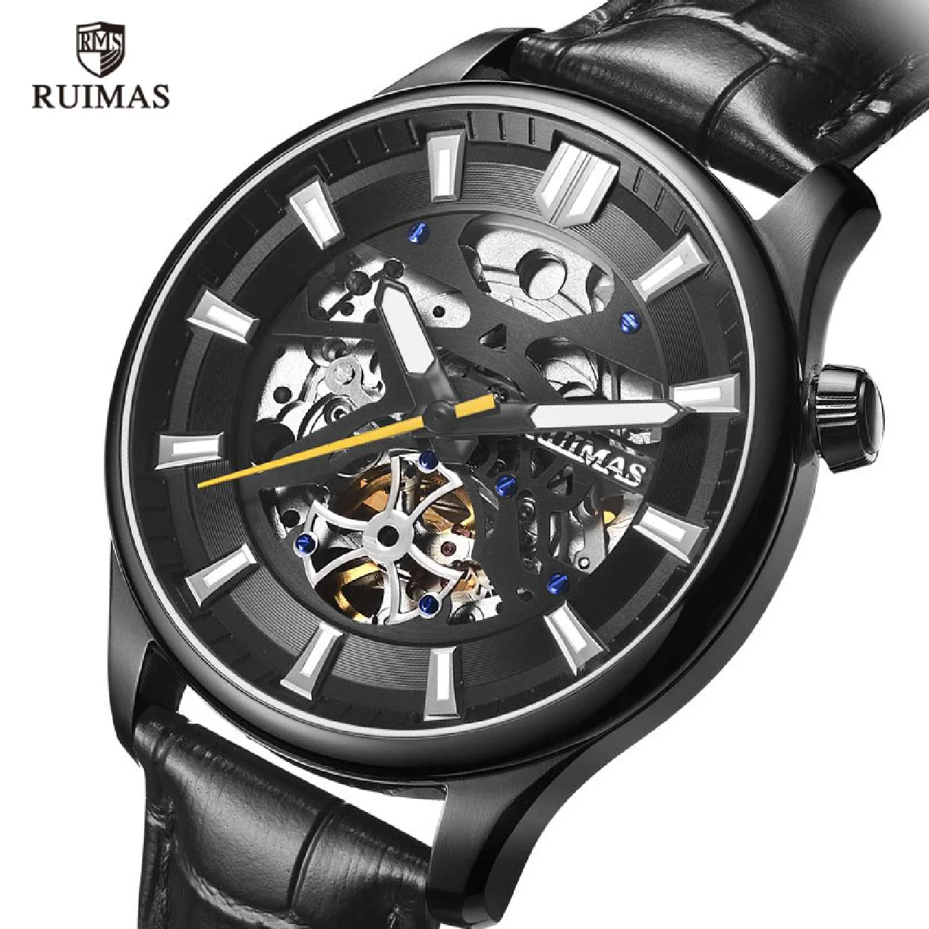 

RUIMAS Automatic Watches Men Luxury Genuine Leather Wristwaatch Skeleton Top Brand Clock Relogio Masculino Mechanical Watch 6770
