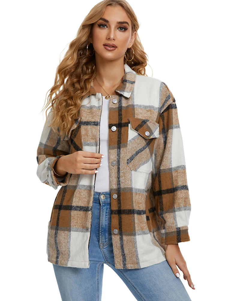 

Vangull Khaki Plaid Woolen Jacket Women Long Sleeve Loose Oversize Coat Female Single Breasted Thick Wool Ladies Outwear