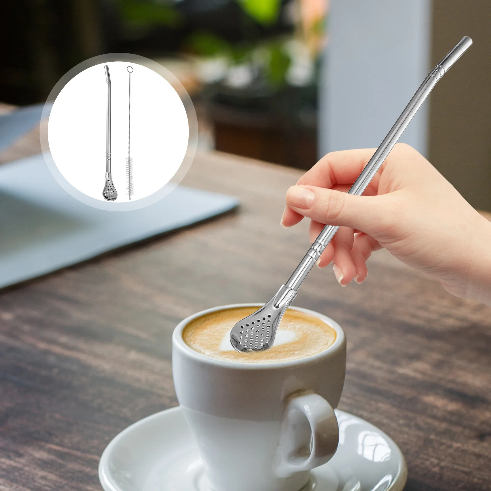 

1 Set Drinking Filter Straw Metal Drinks Stir Spoon Straw for Loose Leaf Tea with Straw Cleaning Brush