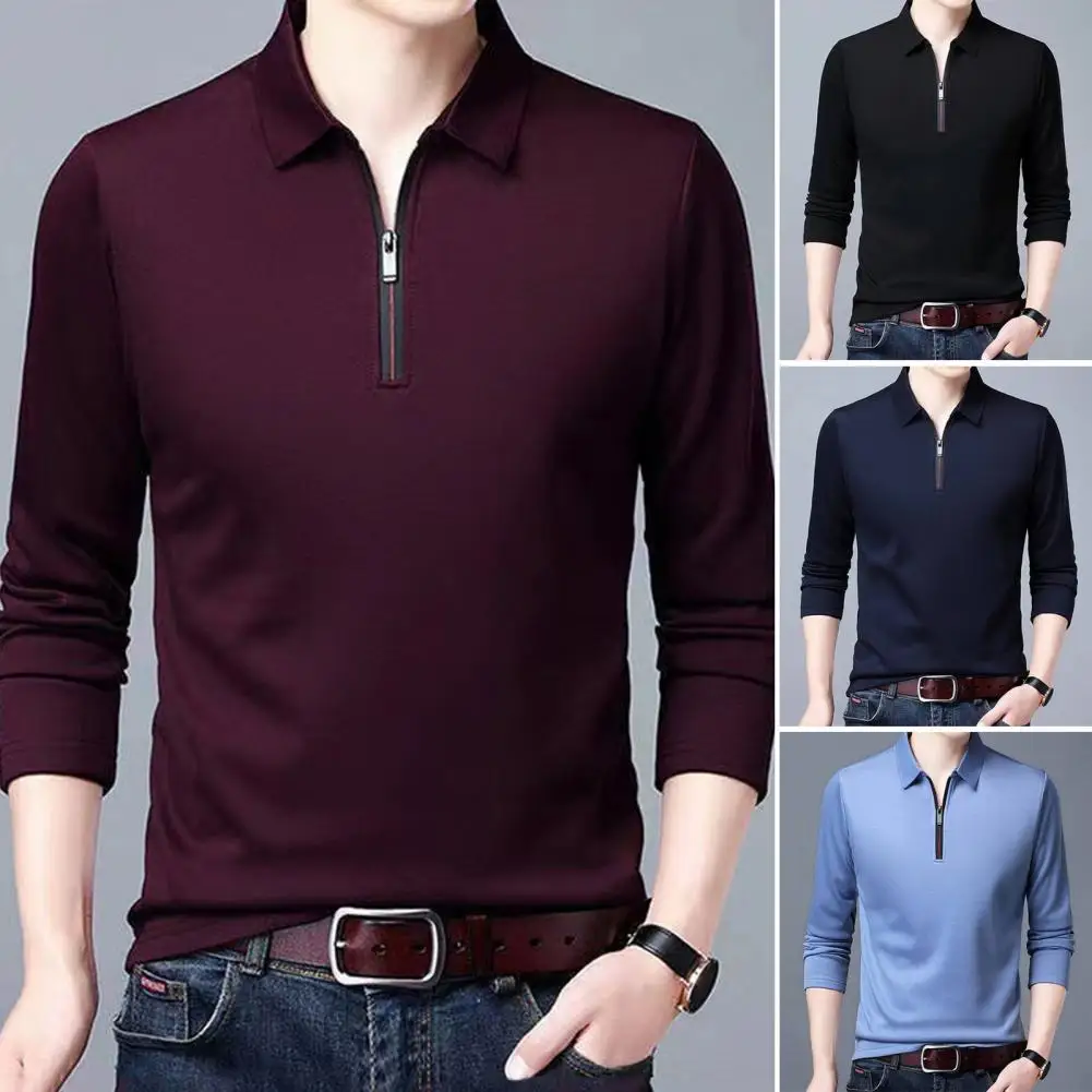 

New Men's Solid Polo Shirt Lapel Long-sleeved Polos Shirt Zipper Collar Fashion Spring and Autumn Thin Shirt Casual Loose Tops