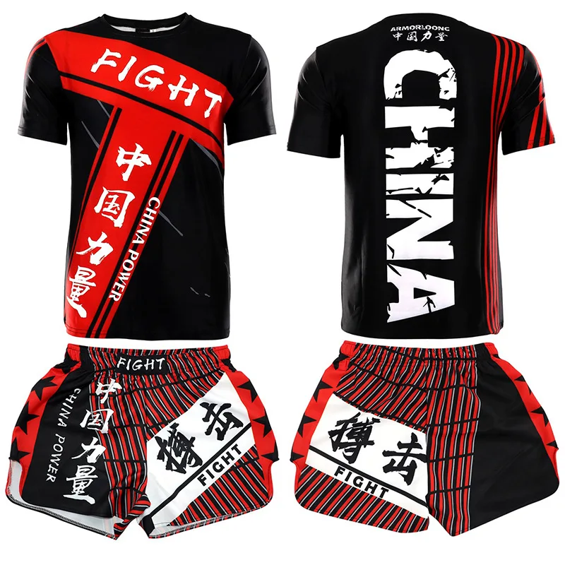Conjunto de pantalones cortos de boxeo MMA Rashguard, camiseta negra y roja de Muay Thai, camisa de combate, uniforme de entrenamiento de Kickboxing y Sanda