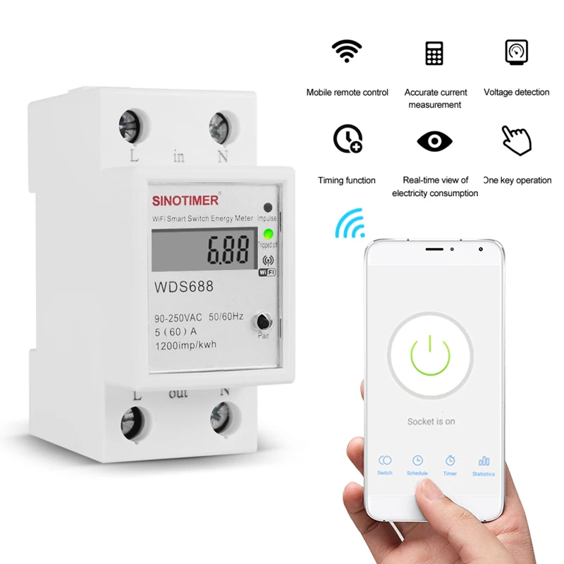 

Digital Electric Consumption KWh Din Rail Smart Energy Meter WiFi Power Meter Watt Remote Switch Control Monitor 110V 220V AC