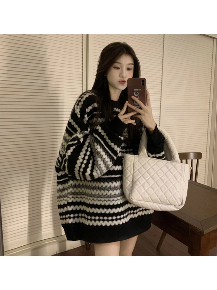 

Свитер женский трикотажный в полоску, уличная одежда в винтажном стиле, повседневный джемпер оверсайз в Корейском стиле для подростков, плотные теплые пуловеры, Осень-зима