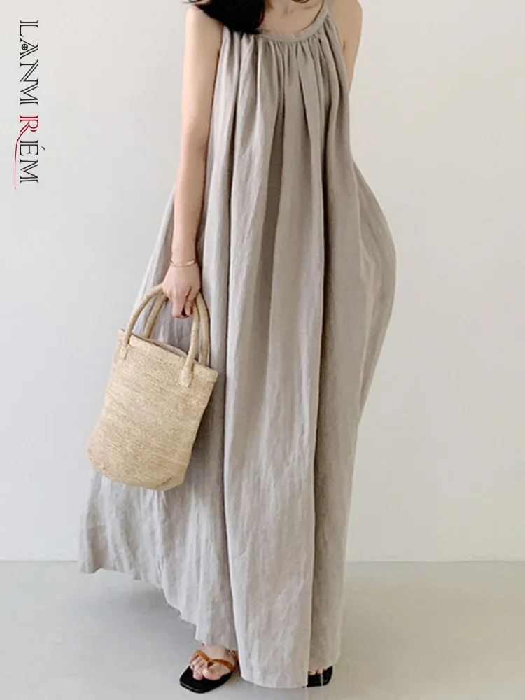 

LANMREM Midi Sling Dresses Women A-line Pullover Round Collar Solid Color Loose 2022 Summer Female Casual Clothing 2I130