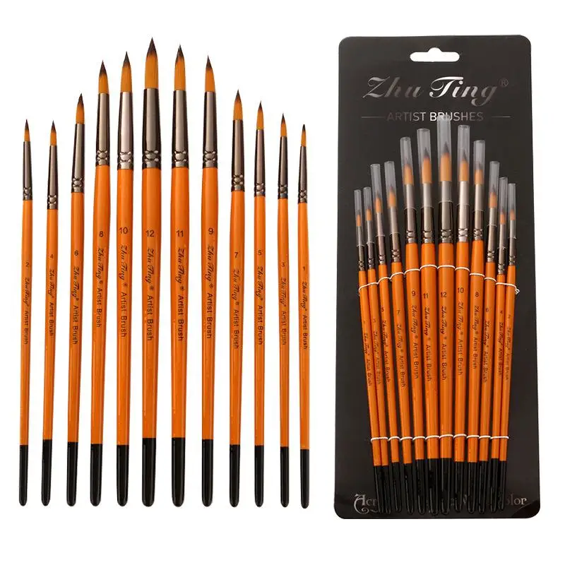 

12 Pcs/set Nylon Hair Wooden Handle Watercolor Paint Brush Pen Set Learning Diy Oil Painting Art Paint Brushes Supplies