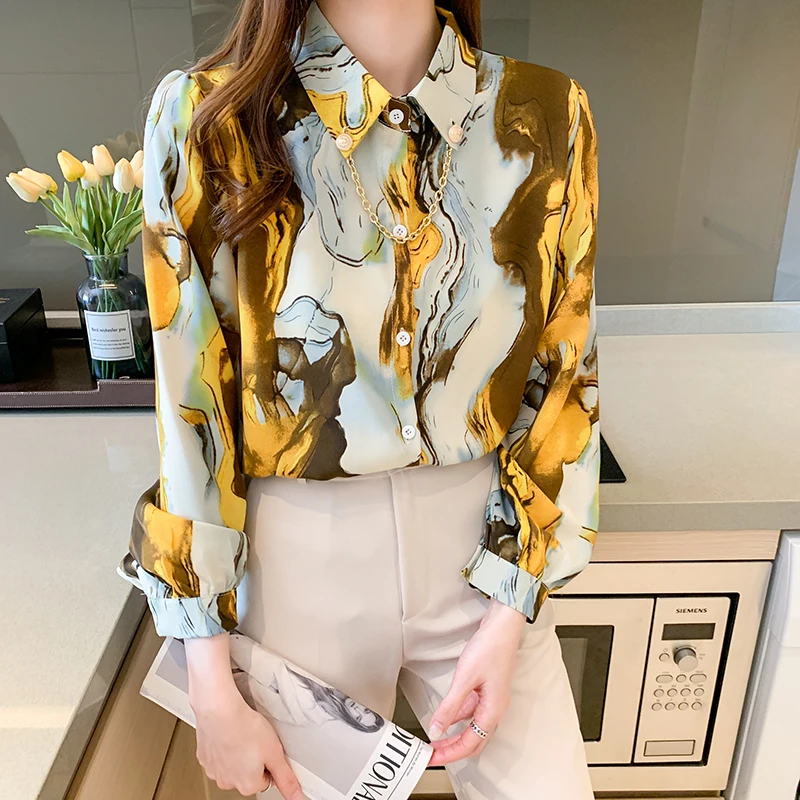 

Summer Women's Blouses Chiffon Fashion Top Casual Long Sleeve Printing Loose Polo Shirt