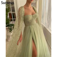 sumnus green a line prom dresses with glitter sequin lace cape sweetheart tulle high slit maxi evening gowns formal party dresse