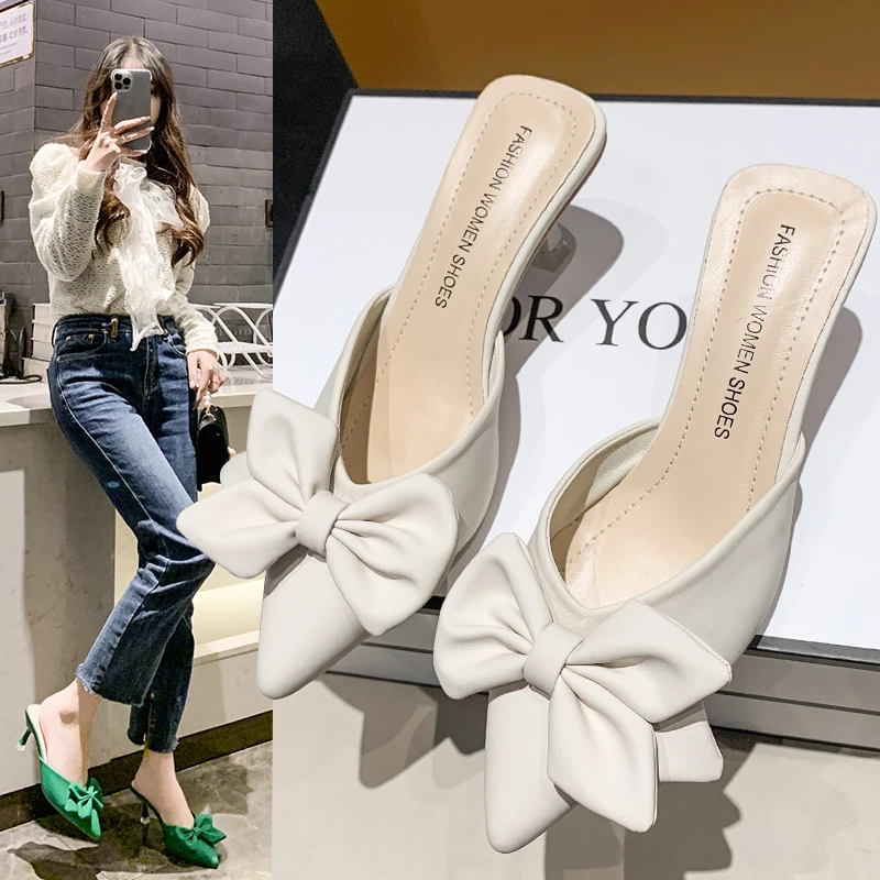 

Med Thin Heels Shoes Woman's Slippers Luxury Slides Heeled Mules Pointed Toe 2022 Designer High Summer Fashion PU Rome Rubber