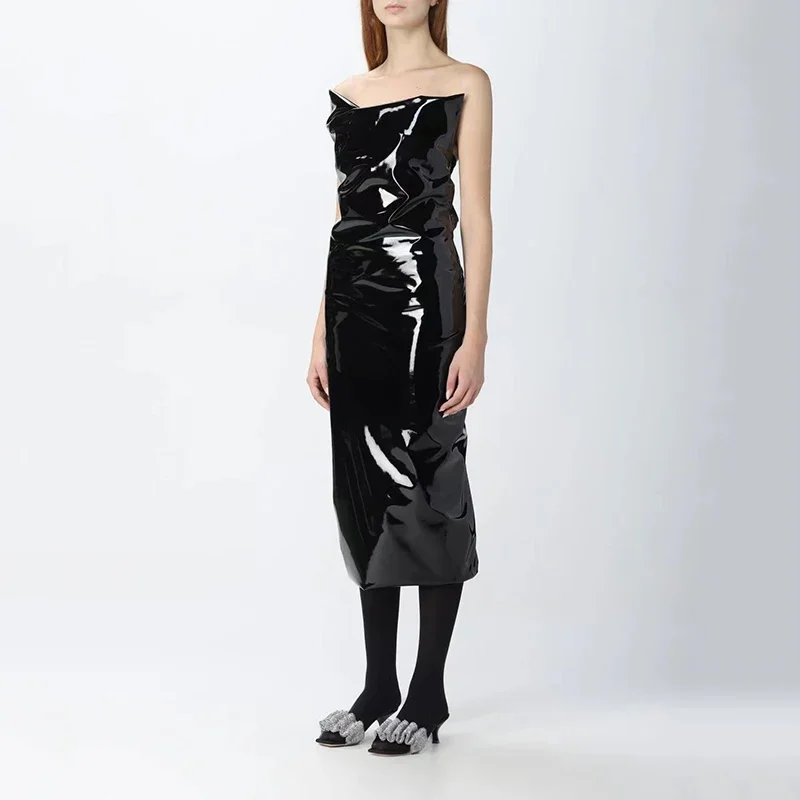 Женское блестящее платье-миди из лакированной кожи без рукавов искусственного