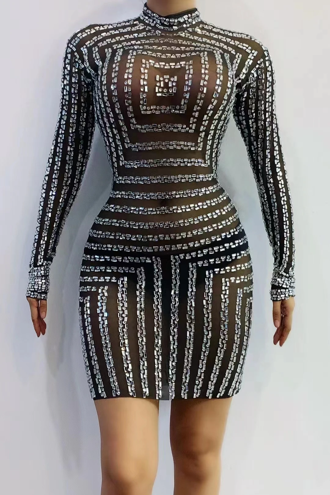 Сексуальное блестящее серебристое платье, черная сетка, прозрачное короткое платье для вечеринки, дня рождения, Свадебная вечеринка, одежда для певицы, танцевальная одежда