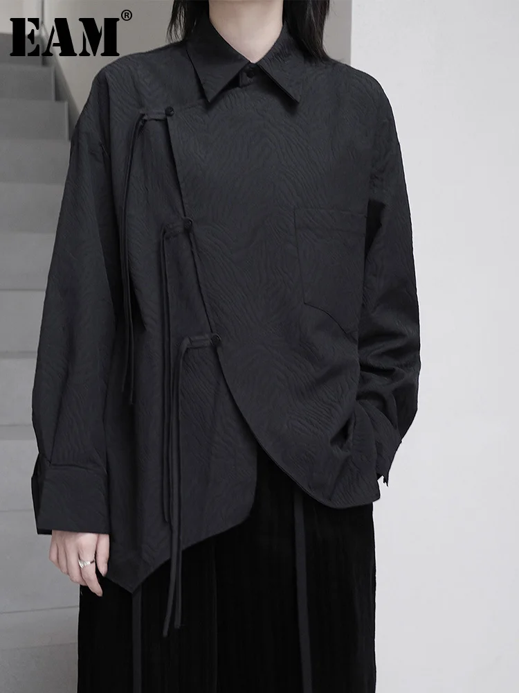 

[EAM] Women Black Vintage Button Bandage Big Size Blouse New Lapel Long Sleeve Shirt Fashion Tide Autumn Winter 2023 1DF3752