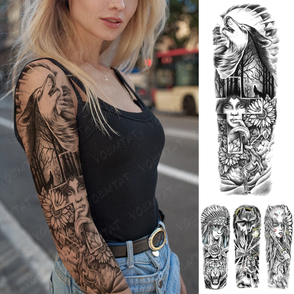 

Large Full Arm Sleeve Tattoo Wolf Deer Girl Waterproof Temporary Tatoo Sticker Moon Cross Sunflower Fake Tato Body Art Men Women