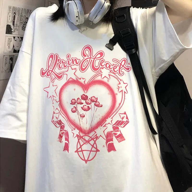 

Funny Women T Shirt 90s Summer Short Sleeve T Shirt Harajuku Casual Flower Heart Print Fashion Woman Blouses 2022 Clothes Tops
