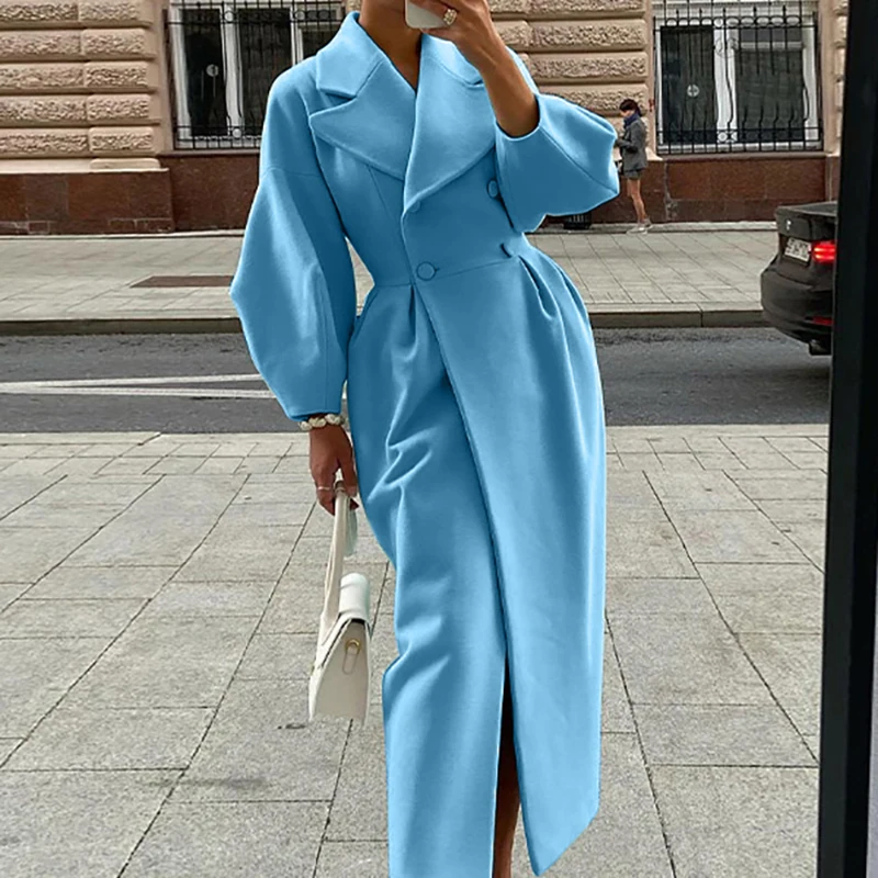 Autumn Lantern Sleeve Women Woolen Coat Lapel Double-Breasted Office Lady Long Jackets Windbreaker Thick Streetwear Female Coats