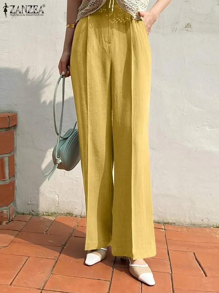 

ZANZEA Women Summer Work Wears Pant Oversized 2022 OL Straight Suit Pant Female Commuted Cotton Loose Pantalons Palazzo Oversize
