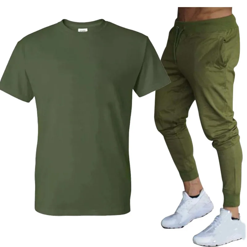 

Men's Athletic Tracksuit Set Short Sleeve Running Jogging Athletic Top+Long Cargo Pants Set for Spring and Summer