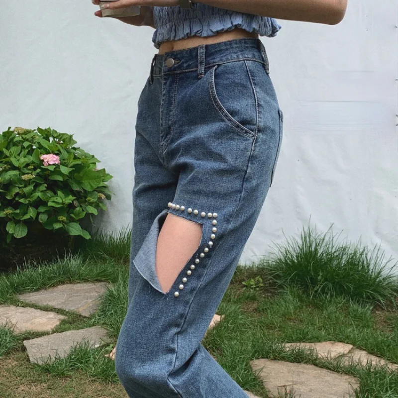 Women's Street Style Casual Wide-leg Denim Pants 2023 Fashion Beading Ripped Hole Jeans New High Waist Straight Denim Trousers