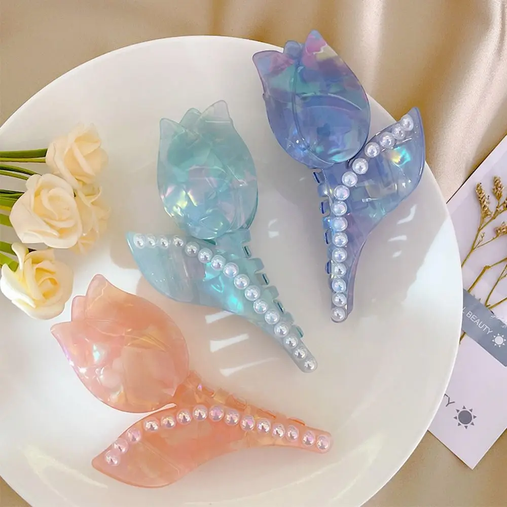 

Korean Mermaid Color Tulip shark Clip All-matching Little Fresh Acetate Fashion Hair Claws Sweet Girls Unique Pearl Hairgrip