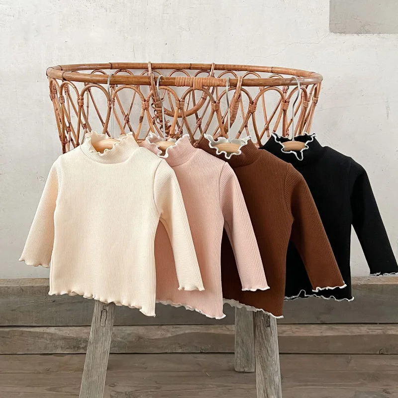 

Winter Baby Blouse Fur Lining Girls Base Clothes Casual Girls T Shirt Solid Color Half Turtleneck Fleece Long-sleeved Tops Girl