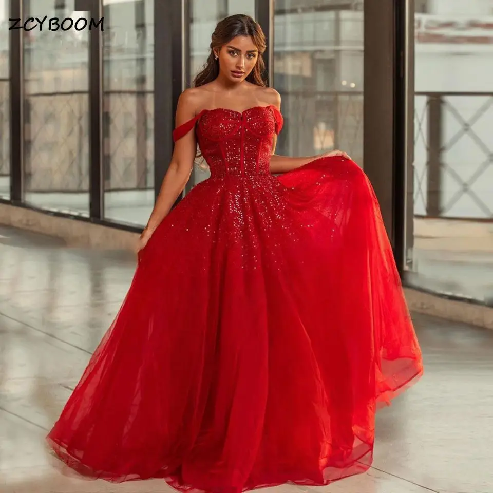 

Charming Red Sequined A-Line Party Prom Gowns 2023 Sweetheart Off Shoulder Formal Long Evening Dresses For Women Robes De Soirée