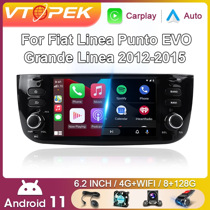 Автомагнитола Vtopek, 2 Din, 6,2 дюйма, Android 11, для Fiat Linea Punto EVO 2012-2015, мультимедийный плеер, GPS-навигация, головное устройство для Carplay 4G