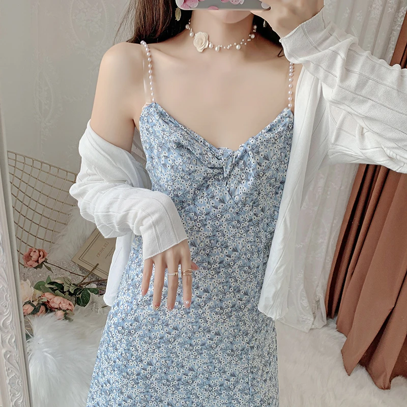 

Summer Sweet 2 Two Piece Set Womens Outfits Floral Midi Strap Dress + Long Sleeve Thin Sunscreen Cardigan Sets Elegant Ensemble
