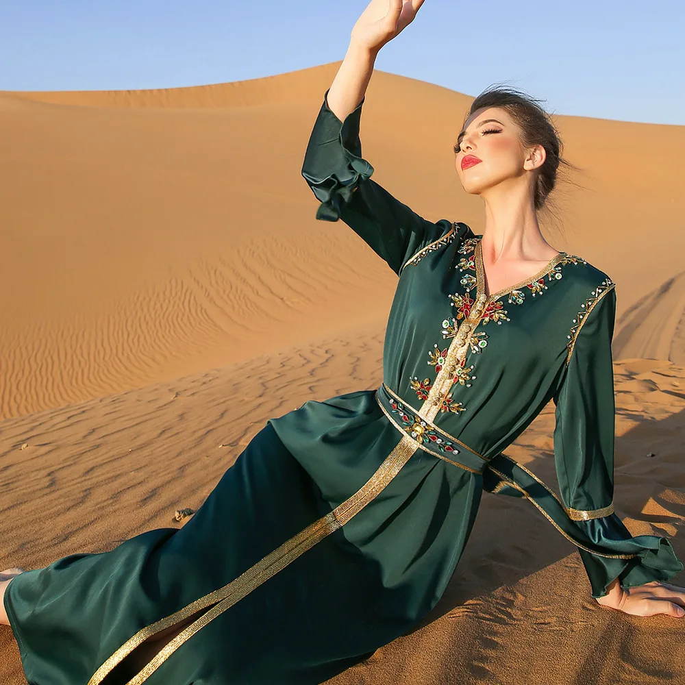 

Dark Green Ruffled Belt Heavy Sewing Diamond Dress Middle East Women's Clothing Muslim Women Long Maxi Dress