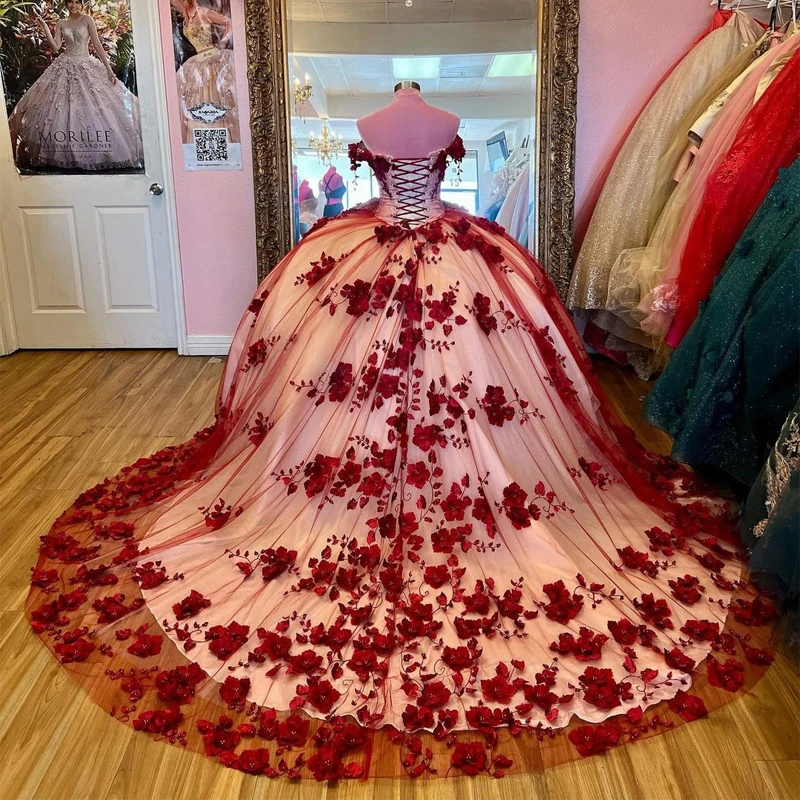 Красное бальное платье платья для вечеринки 15 дюймов официальное кружевное с 3D