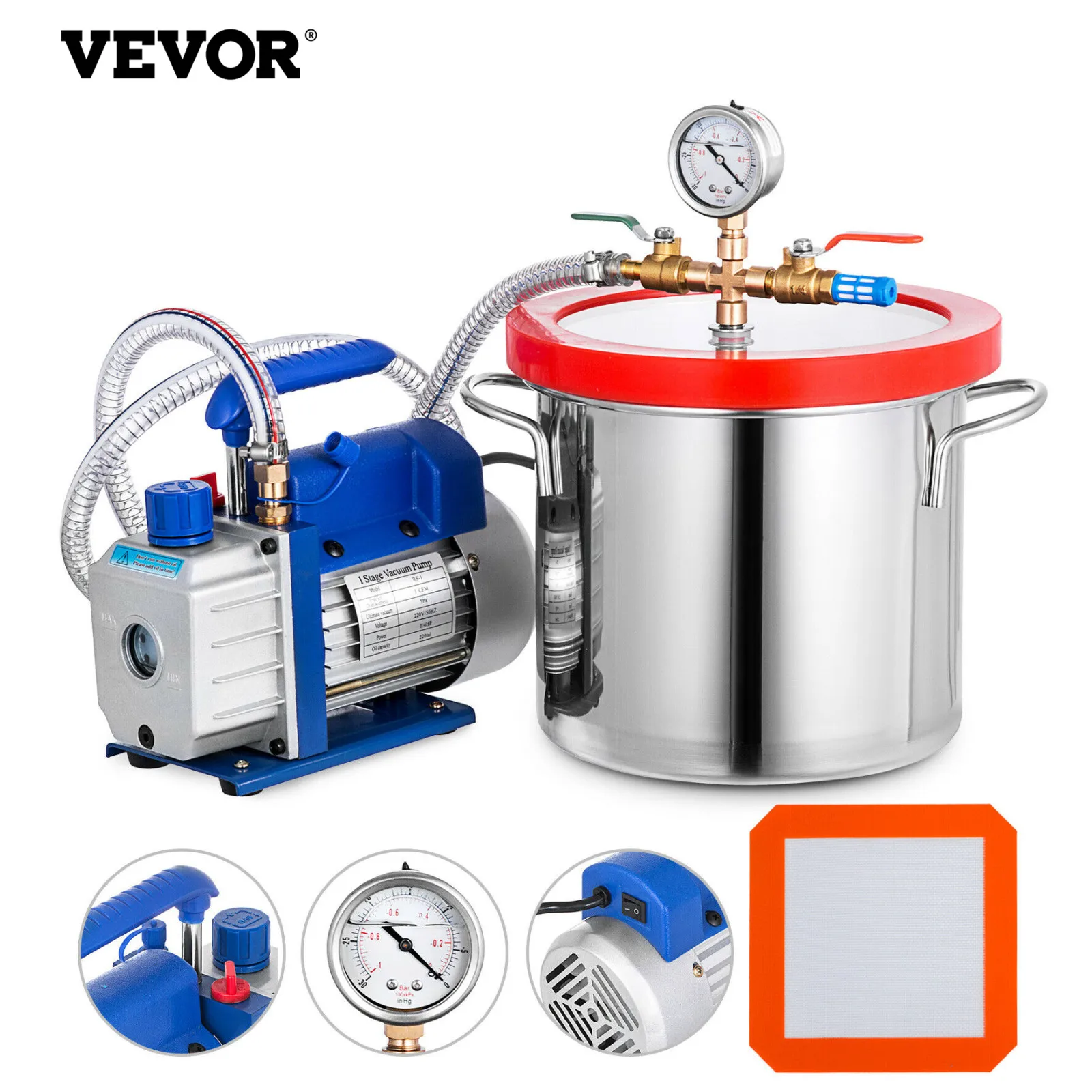 VEVOR-Kit de cámara de 2 galones, bomba de vacío 3CFM, medidor de desgasificación controlado de 1/4HP para refrigerante de aire acondicionado doméstico