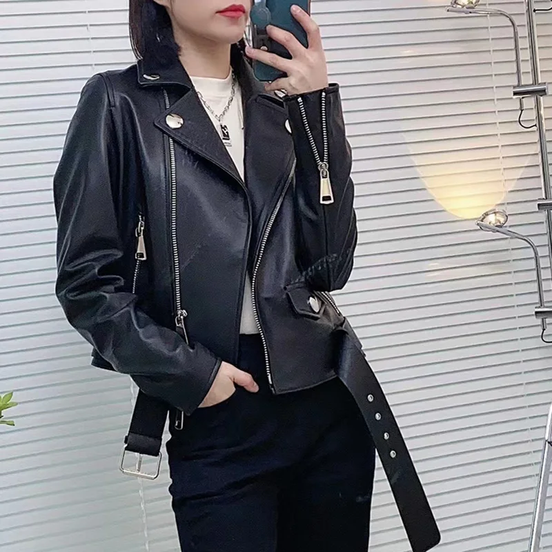 2022 Autumn Women Leather Jackets Solid Belt Motorcycle Jackets Genuine Sheepskin Leather Coat Rivet Zipper FG4046