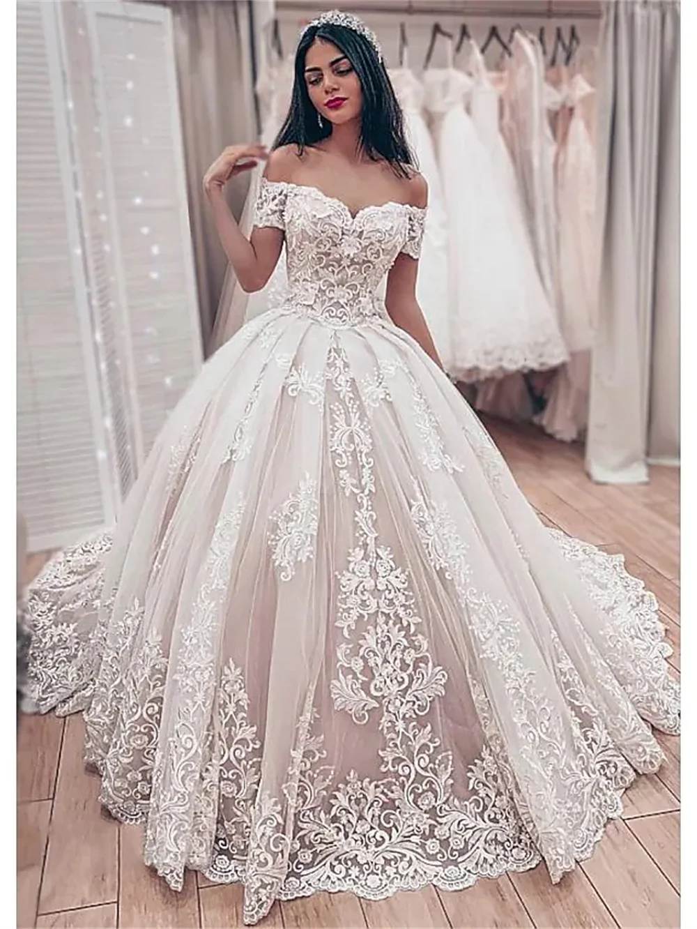 

Elegant Lace A Line Formal Wedding Dresses 2022 Arabic Sheer Short Sleeves Chapel Off Shoulder Tulle Applique Sweep Train Bridal