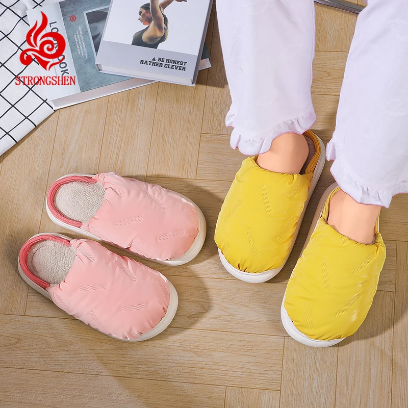 

STRONGSHEN Waterproof Non-Slip Women Home Cotton Slippers Winter PVC Warm Indoor Cotton Men Slides Ladies Soft Slippers