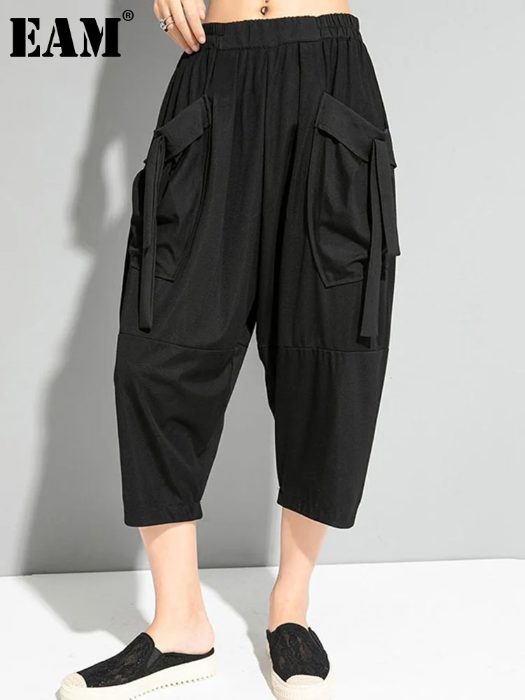 

[EAM] Casual Big Pockets High Elastic Waist Harem Trousers New Loose Calf-length Pants Women Fashion Tide Summer 2022 1DD7608