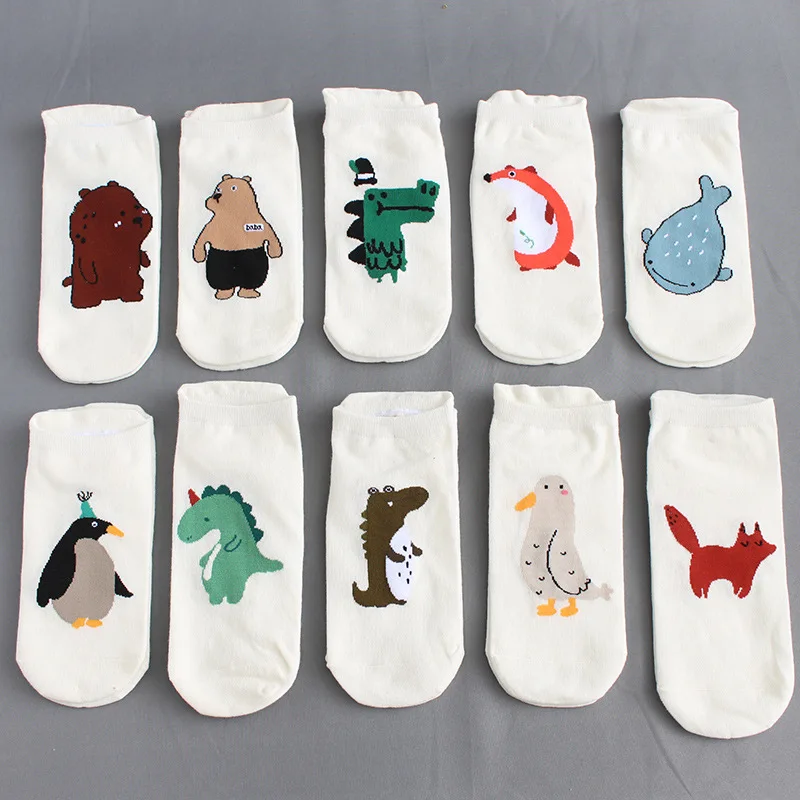 4 pairs Women's Short Cotton Socks Cute Cartoon Shallow Mouth Tide Socks Korean College Style White Small Dinosaur Boat Socks