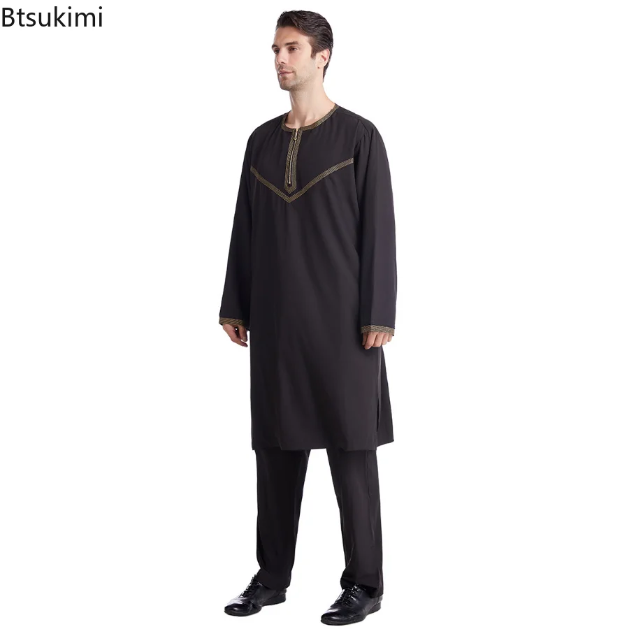 Ramadan 2piece Long Sleeve Plain Solid Muslim Men Clothing Arabic Islamic Abaya Robe Fashion Saudi Arabia Dubai Mens Jubba Thobe