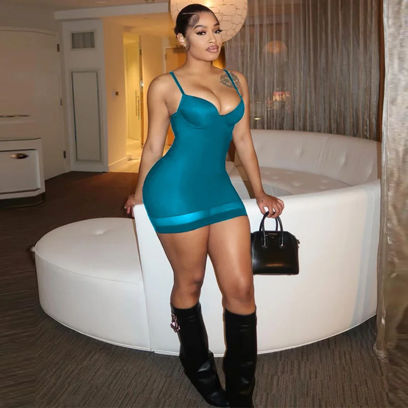 

Sexy Deep V Neck Backless Bodycon Mini Dresses Women Adjustable Spaghetti Strap Sleeveless Sheer Mesh Patchwork See Through Robe