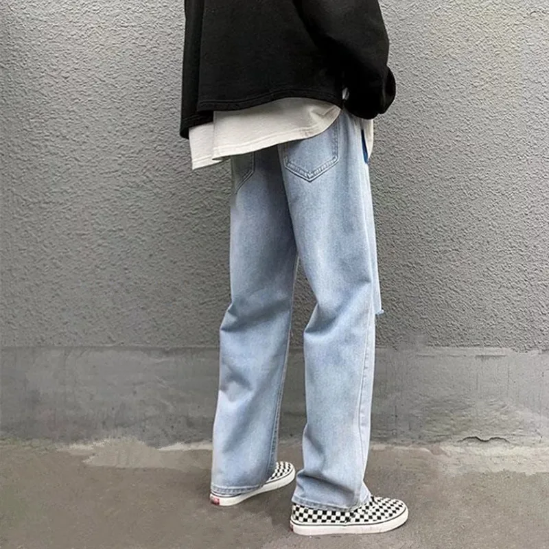 2022 New Fashion Hole Ripped Straight Men Hip Hop Baggy Jeans Trousers Patchwork Retro Washed Loose Denim Pants Pantalon Homme