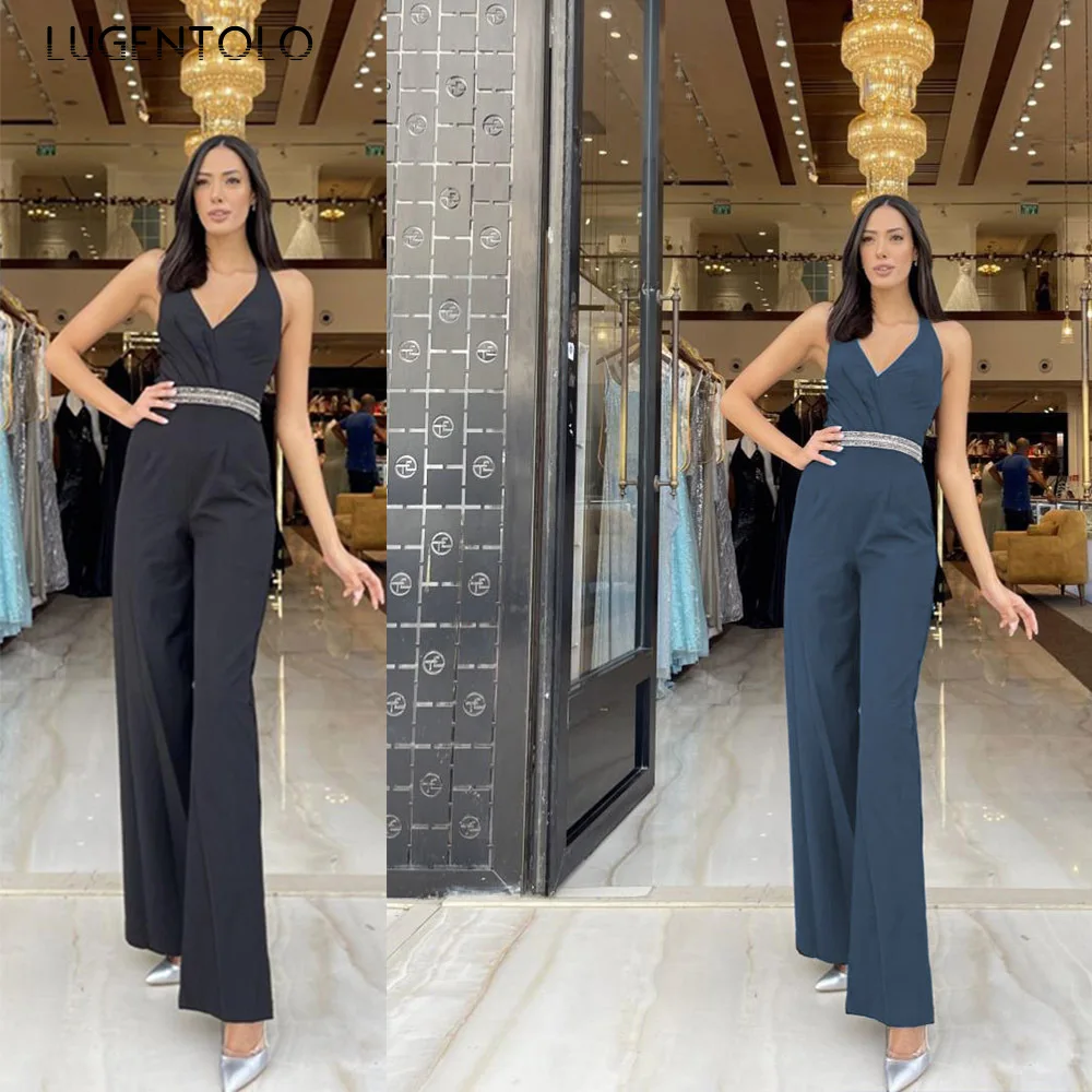 

Женские пикантные комбинезоны с лямкой на шее без рукавов с высокой талией и V-образным вырезом, тонкие летние повседневные брюки, комбинезо...