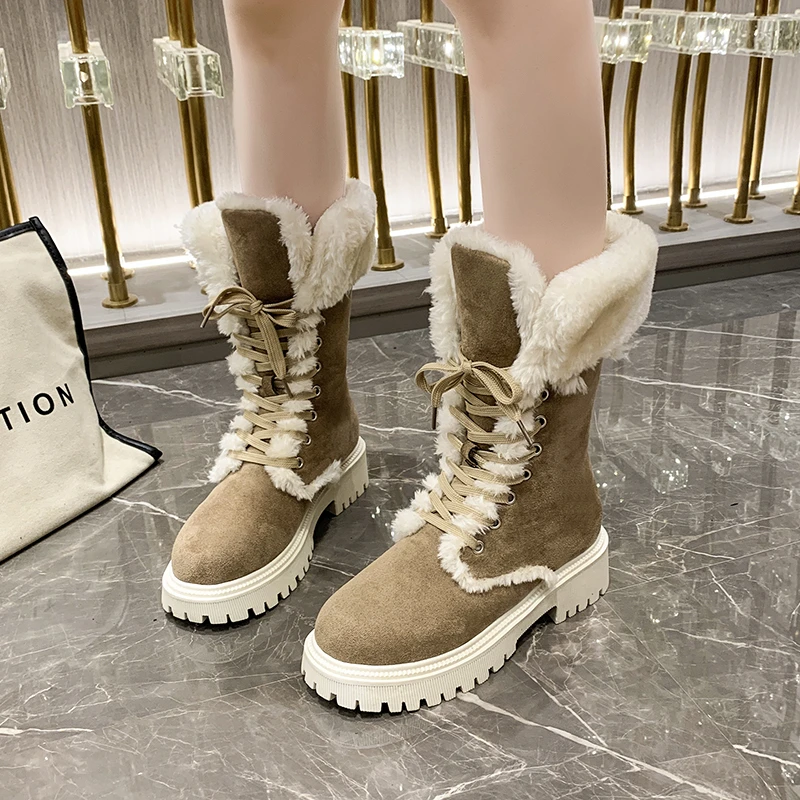 

Женские зимние сапоги до середины икры, теплые короткие плюшевые сапоги с круглым носком, на шнуровке, модные уличные сапоги на толстом каблуке, новинка 2023