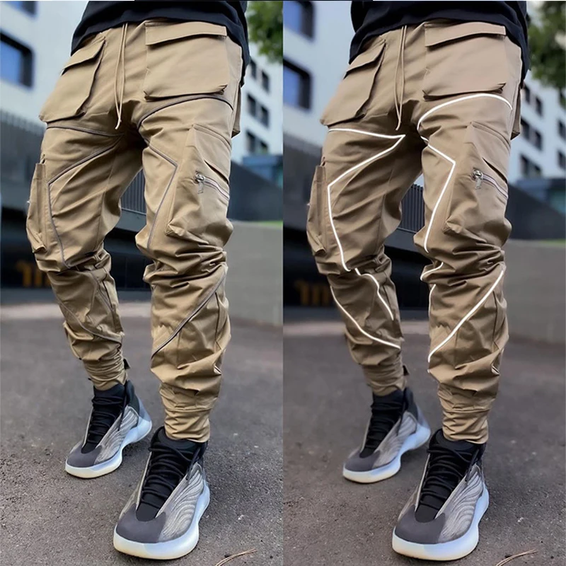 

Fashion Loose Men Cargo Pants Multi-Pocket Casual Overalls Pants for Men Autumn Cotton Men's Stitching Reflective Strip Trousers