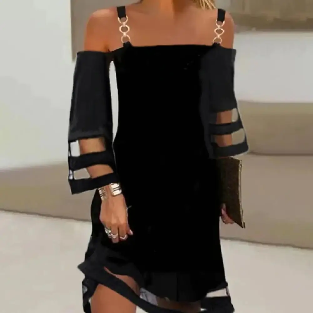 

Elegant Party Dresses for Women 2023 Spring Summer Casual Slash Neck Sexy Mesh Stitching Solid Off Shoulder Pullover Sling Dress