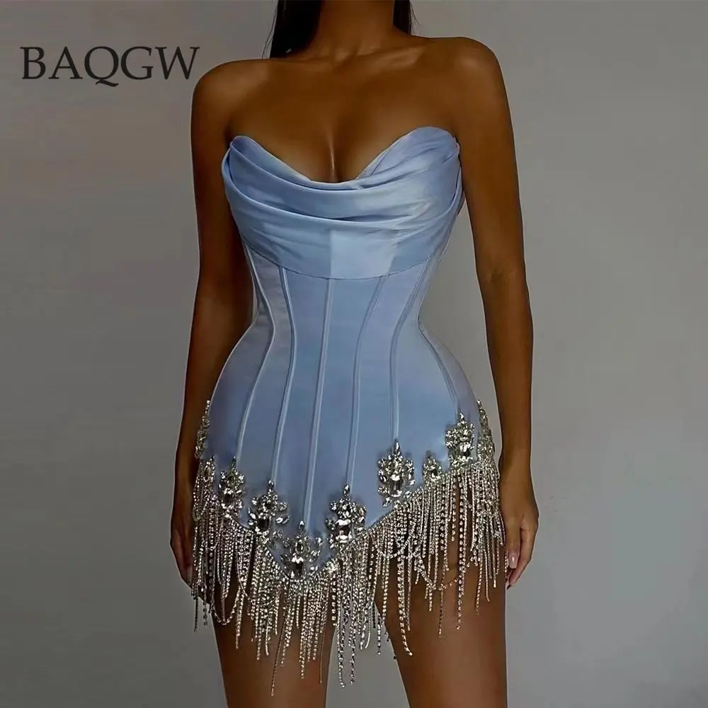 

BaQGW женские сексуальные роскошные платья без бретелек с открытыми плечами блестящие бриллиантовые кисточки из искусственного шелка облегающее мини-платье корсет женское платье