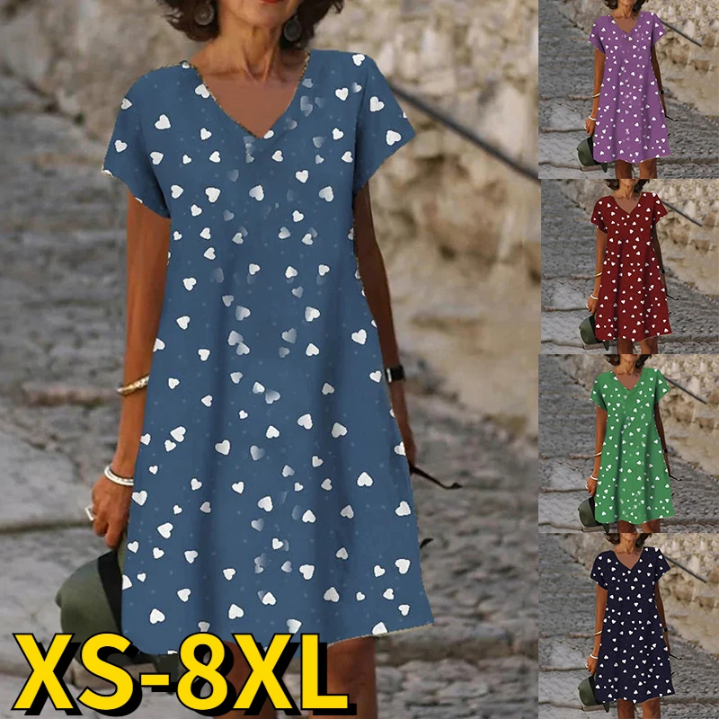 

2022 Summer Women Loving Heart Printed Party Dress Casual Dresses V Neck Elegant Female Short Sleeves Midi Skirt Loosen Dress