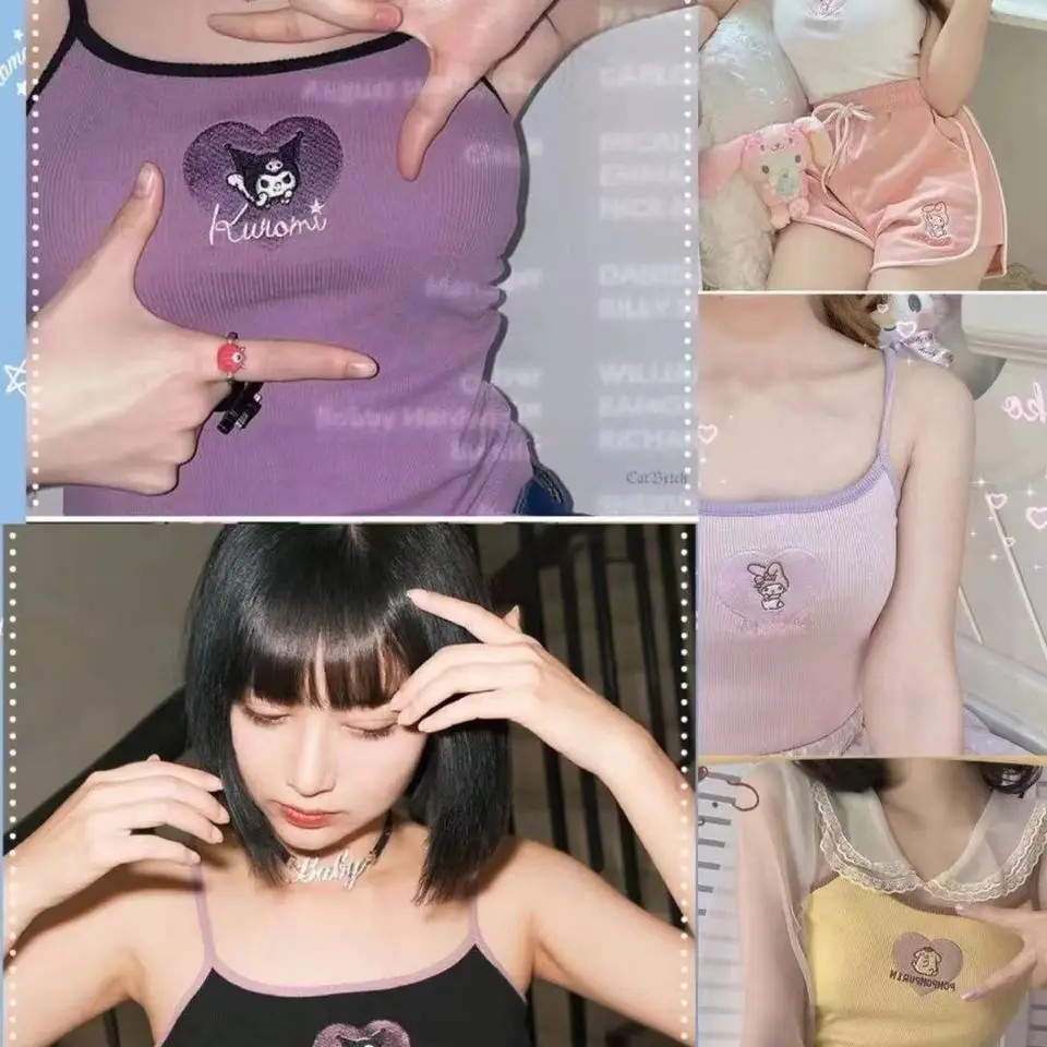 

Pretty Sanrio Anime My Melody Kuromi Halter Vest Sweater Accessories Camisole Sexy Embroidery Style Slim Sweet Vest Girl Gift