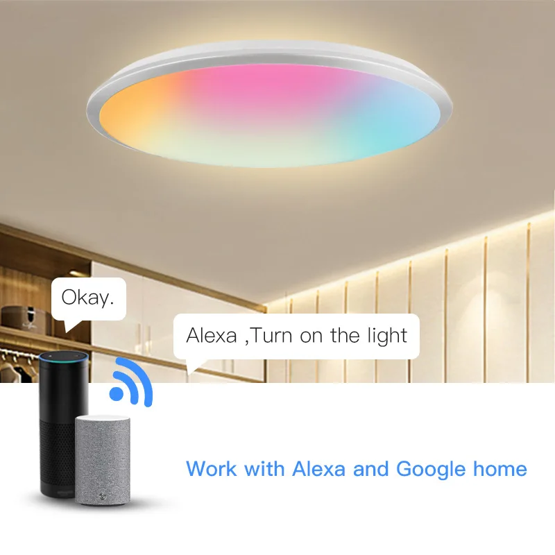 

Потолочная лампа с голосовым управлением через приложение, Rgb, теплый белый свет, с регулируемой яркостью, умный светодиодный потолочный светильник для умного дома, лампа с Wi-Fi, функция ночного управления