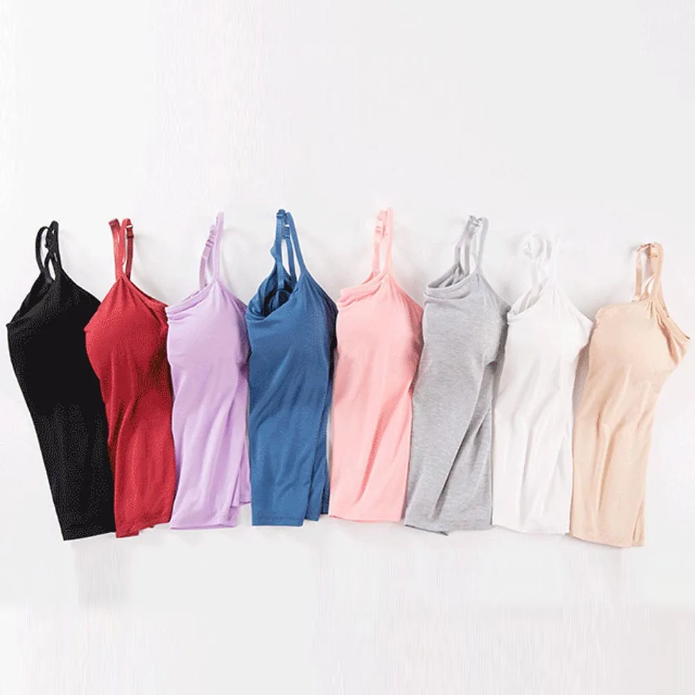 

Long Camis With Built In Shelf Bra Adjustable Strap Women Layering Basic Tanks Top Solid Cotton Chest Pad Summer Camis T-Shirt