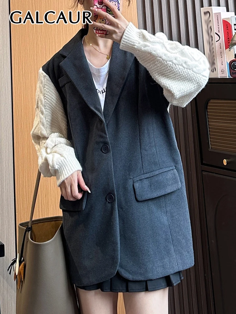 

GALCAUR Korean Hit Color Patchwork Knitting Blazers For Women Notched Collar Long Sleeve Spliced Pockets Casual Blazer Female