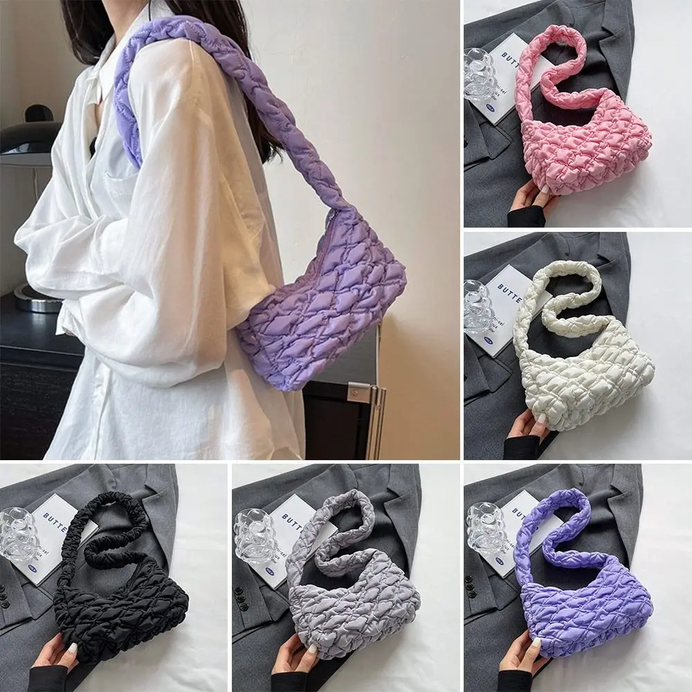 

Embroidered Pleated Bubbles Shoulder Bag Cute Cotton Solid Color Satchel Bags Plaid Quilted Underarm Bag Women Girls